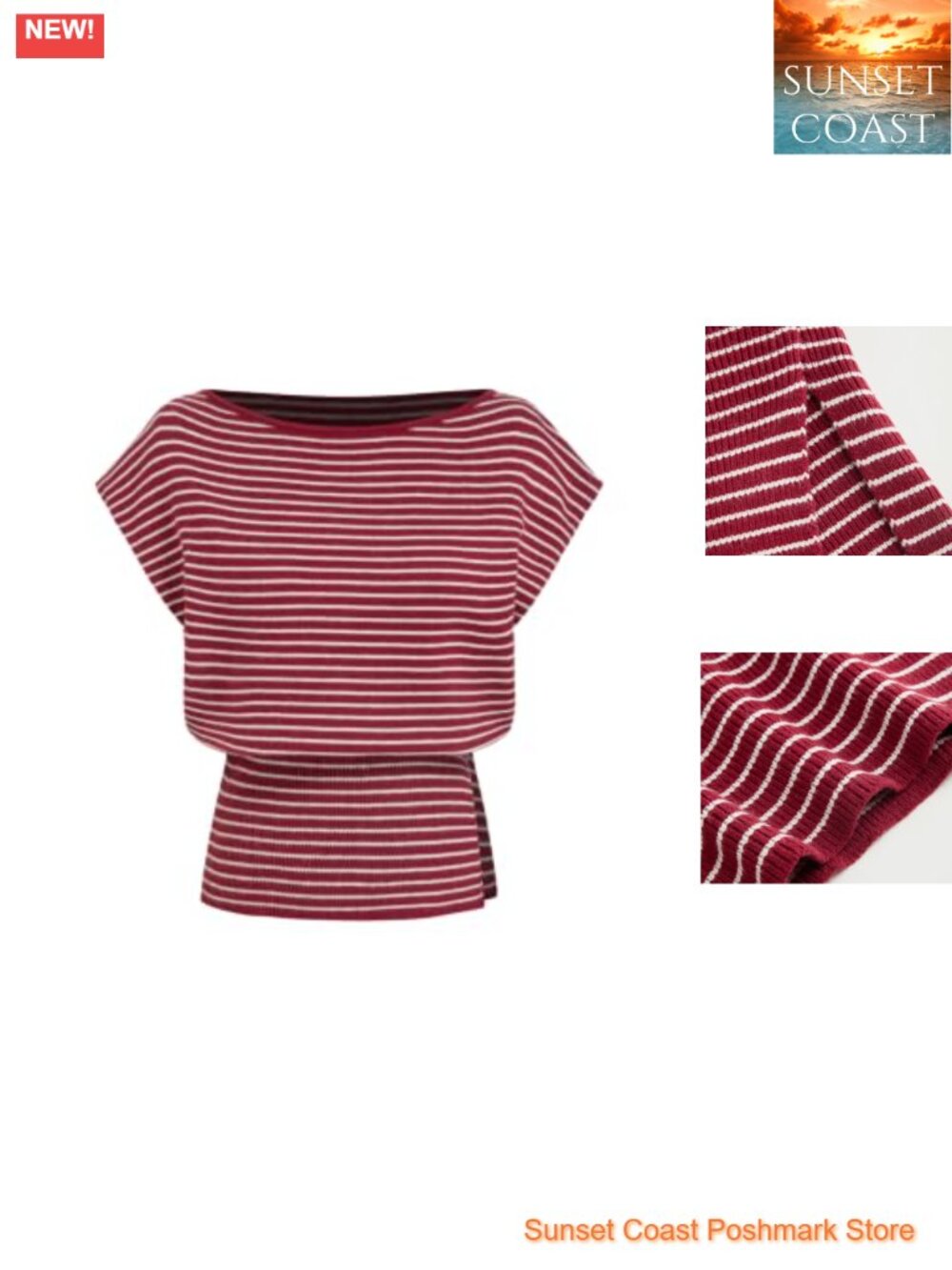 Womens Sweater Vest Striped Boat Neck Cap Sleeve Split Hem Sleeveless Top